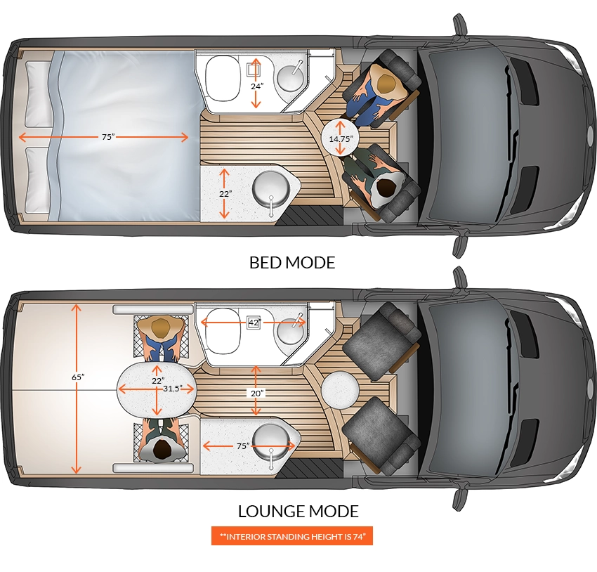 Innova Roadtrip 595L floor plan showing bed mode and lounge mode